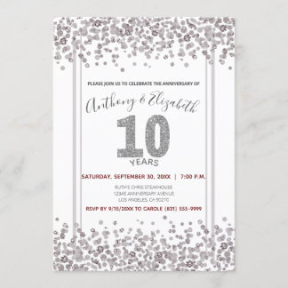Silver Konfetti Glitter-Style 10-årsjubileum Inbjudningar