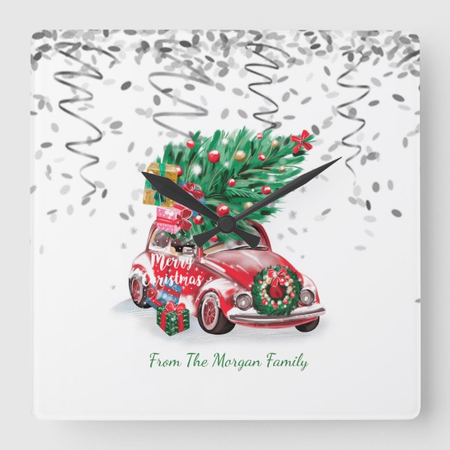 Silver Konfetti,Julrött bil Gräs Träd Snö Fyrkantig Klocka (Framsida)