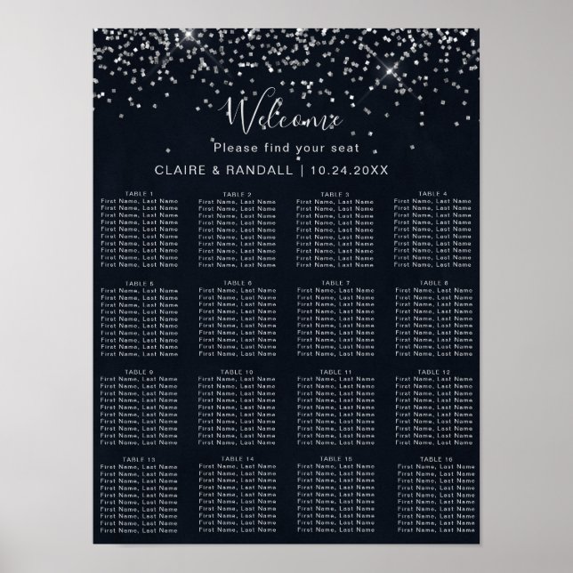 Silver Konfetti Kalligrafi Bröllops Sittplatskarta Poster (Framsidan)