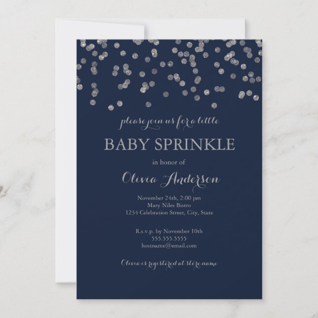 Silver Konfetti Navy Baby Sprinkle Inbjudan (Framsida)