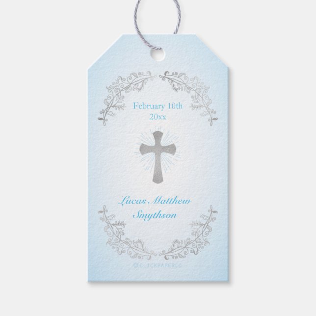 Silver Kor Blue Baptism Gift Märkres Presentetikett (Framsidan)