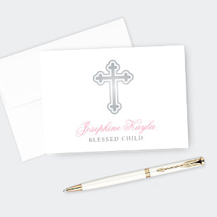 Silver Kor Flicka Baptism Rosa Personlig Tack Kort