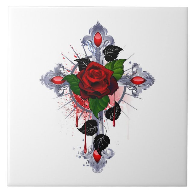 Silver Kor med Röd ros Kakelplatta (Framsidan)