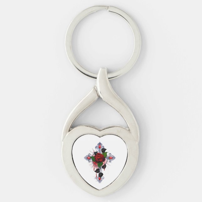 Silver Kor med Röd ros Twisted Heart Silverfärgad Nyckelring (Framsidan)