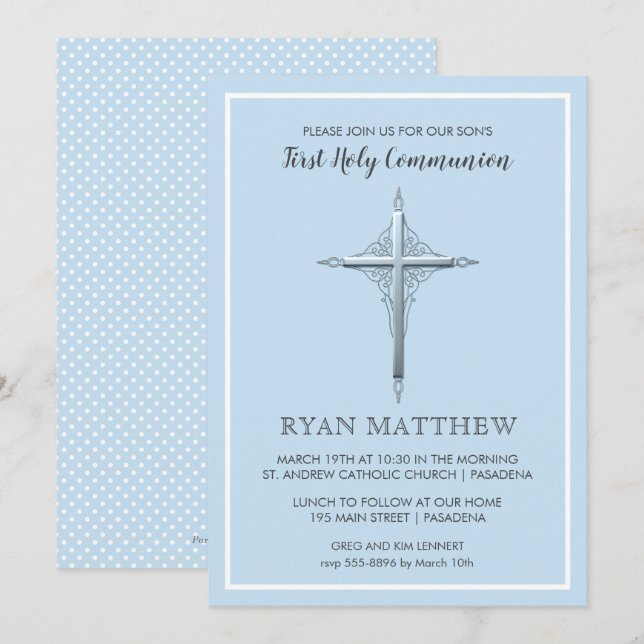 Silver Kor om Blek Blue Communion-inbjudningar (Fram/baksida)