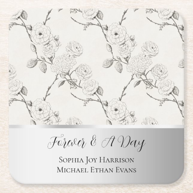 Silver Kräm Svart Höst Blommor Bröllop  Underlägg Papper Kvadrat (Framsidan)
