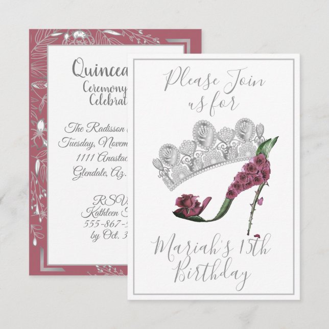 Silver Krona, Blommigt Fairy High Heel Shoe Inbjudningar (Fram/baksida)