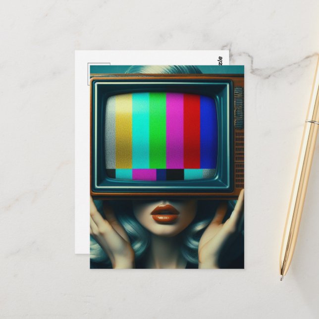 Silver-kvinnor med TV på huvudet Vykort (Fram/Back In Situ)