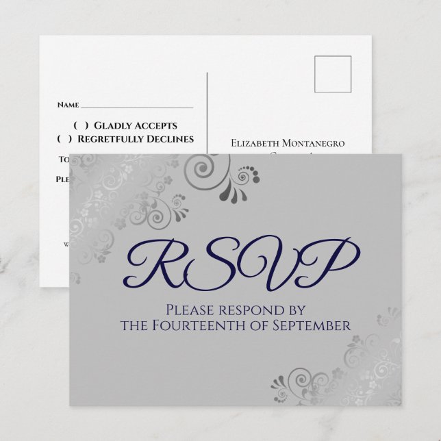 Silver Lace Elegant Navyblå på Grå Bröllops RSVP Vykort (Fram/baksida)