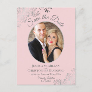 Silver Lace Rosa Bröllop Save the Date Oval Foto Meddelande Vykort
