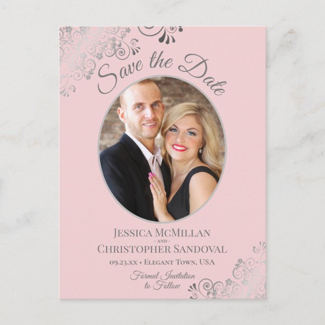Silver Lace Rosa Bröllop Save the Date Oval Foto Meddelande Vykort (Framsida)