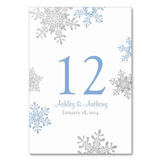 Silver Lapis Blue White Snöflingor Winter Wedding Bordsnummer (Framsidan)