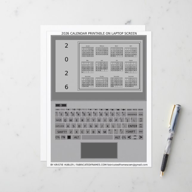 Silver Laptop Keys 2026 Calendar Black Paper Sheet (Fram/Back In Situ)