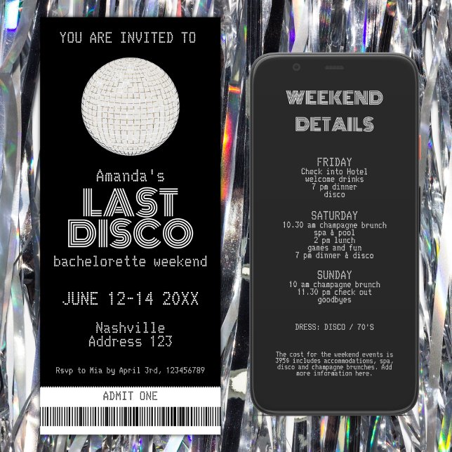 Silver Last Disco Bachelorette Helg Biljett Inbjudningar (last disco silver bachelorette party invitation ticket weekend itinerary)