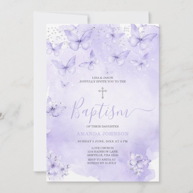 Silver Lavender Butterfly Baptism Purple Inbjudningar (Framsida)