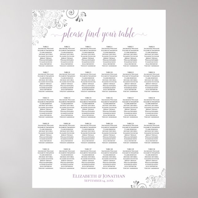 Silver & Lavender Elegant 30 Bordsitsplan Poster (Framsidan)