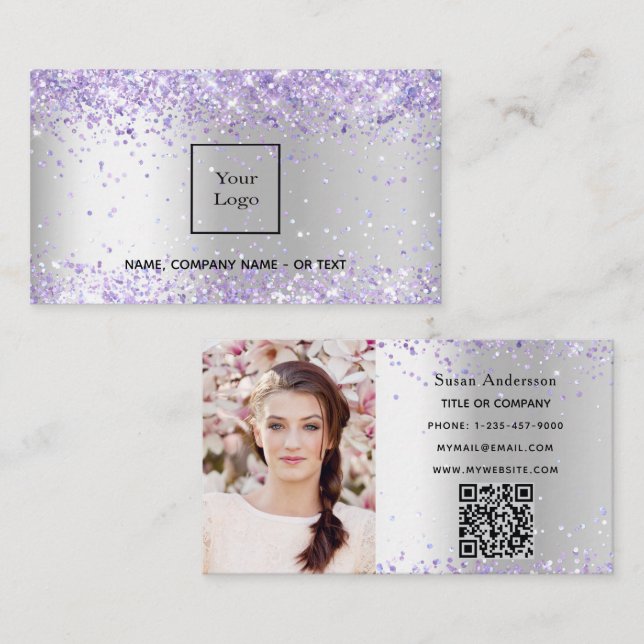 Silver lavender-fotot QR-skönhetsalong Visitkort (Fram/baksida)