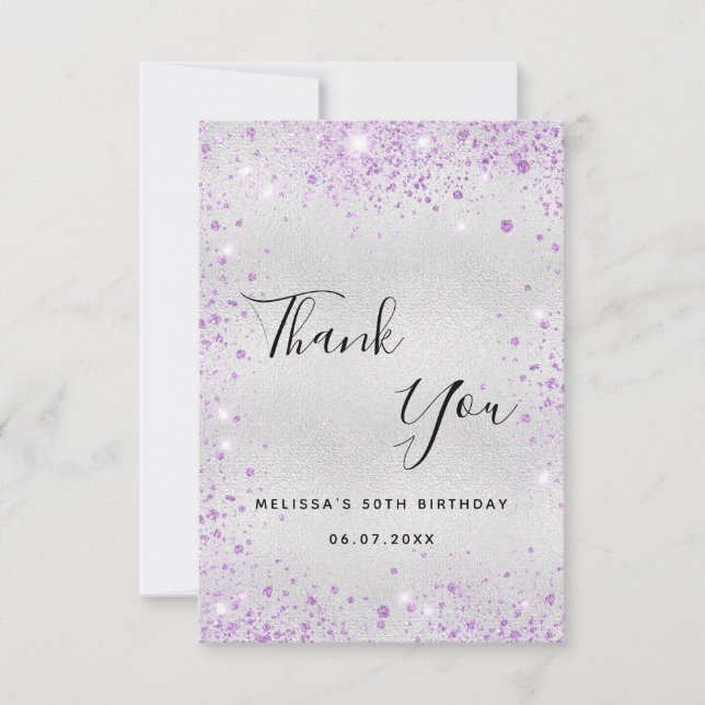 Silver lavender glitter elegant vid födelsedagen tack kort (Framsida)