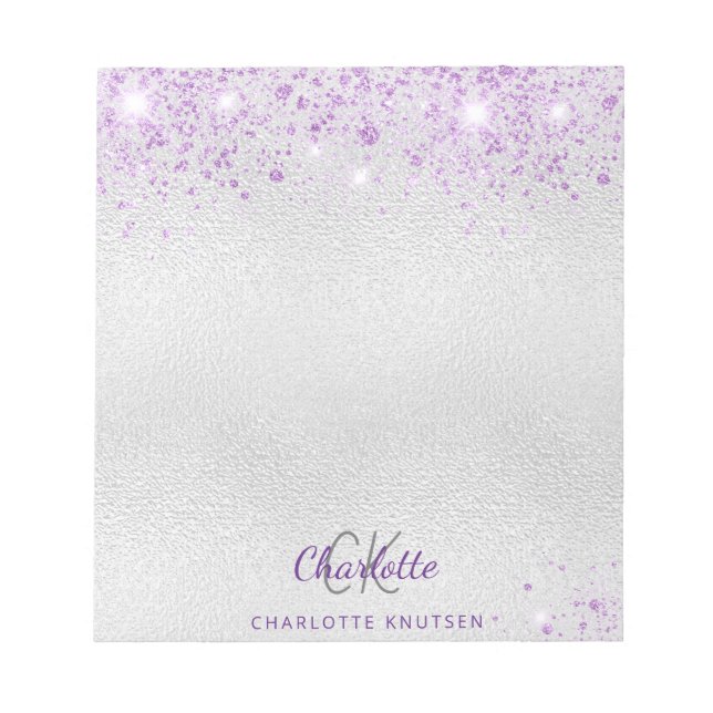 Silver lavender glitter monogram initialer namn anteckningsblock (Framsida)