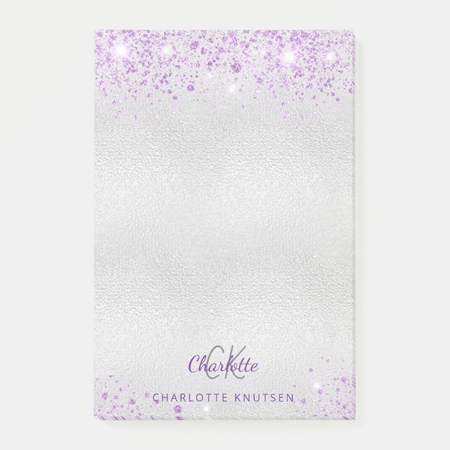 Silver lavender glitter monogram initialer namn post-it block (Framsida)