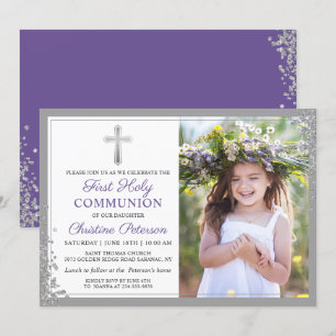Silver Lavender Lila First Communion Photo Inbjudningar