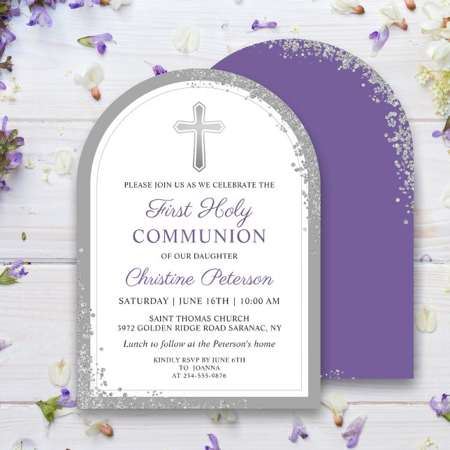 Silver Lavender Lila First Heliga Communion Arch Inbjudningar (Skapare uppladdad)