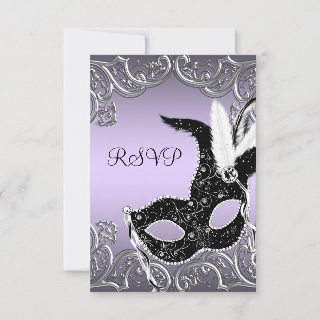 Silver Lavender och Black Masquerade-fest RSVP OSA Kort (Framsida)