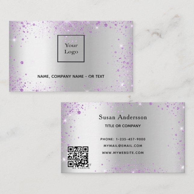 Silver lavender QR-kod glitter Visitkort (Fram/baksida)