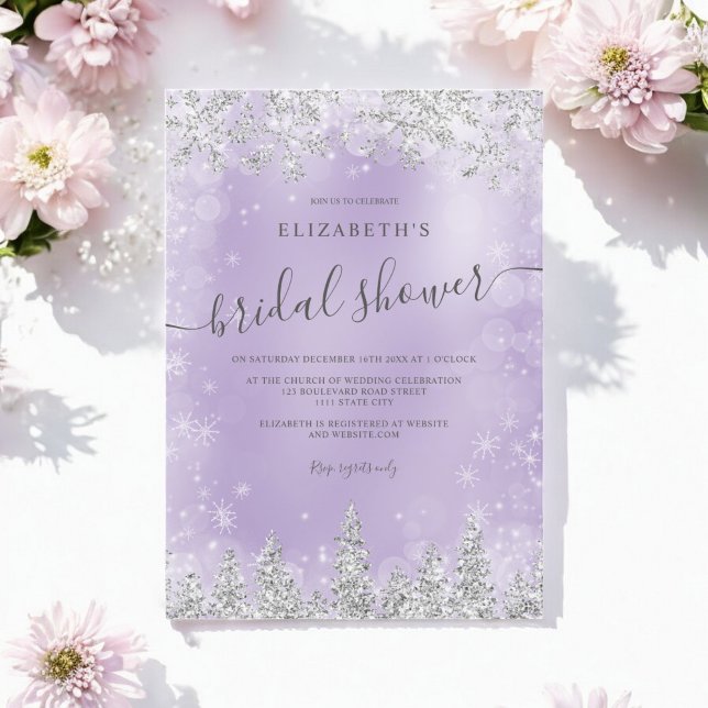 Silver lavender snö gräs vintermöhippa inbjudningar (Silver lavender snow pine winter bridal shower invitation)
