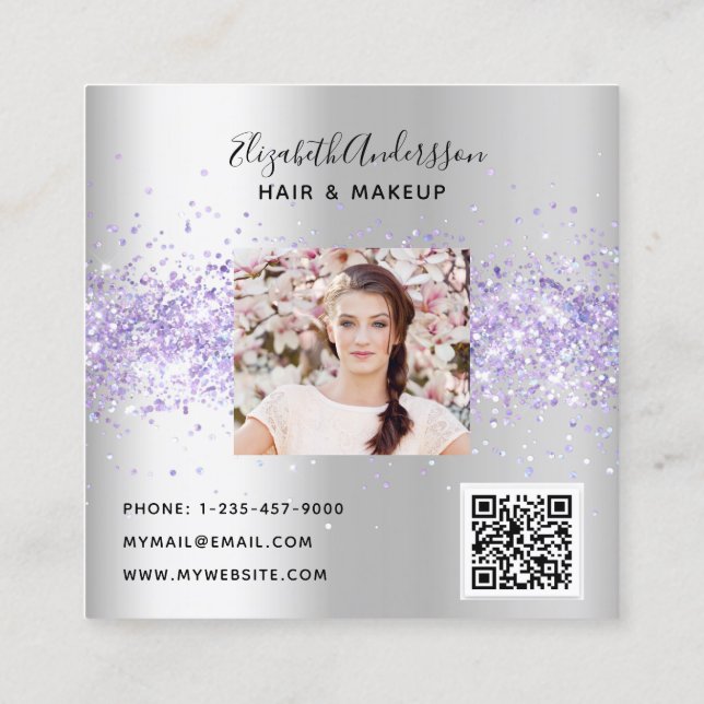 Silver lavender violett profilfotoqr-kod fyrkantigt visitkort (Baksida)
