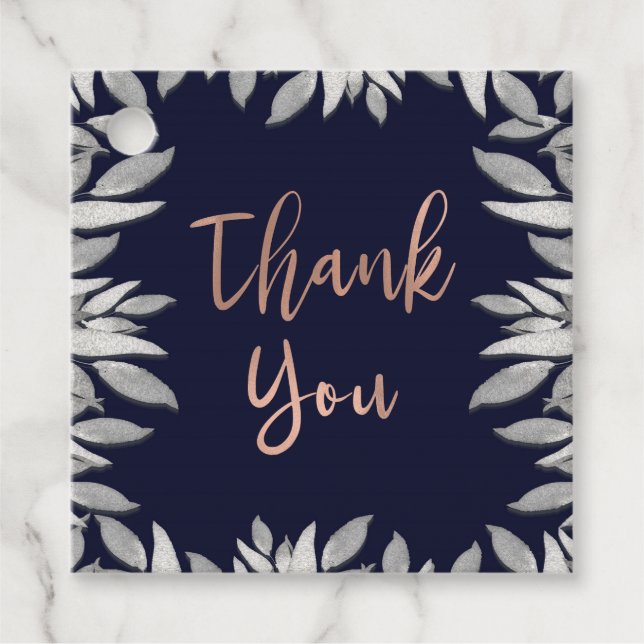 Silver Leaves Botanisk Glam Blå Rosa Tack Gåvor Etiketter (Framsida)