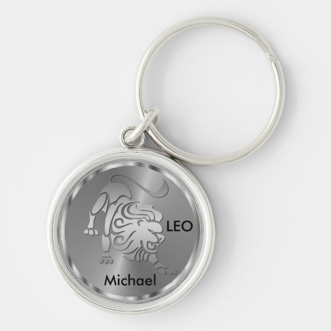 Silver Leo ♌ Lejon - Zodiac Sign Rund Silverfärgad Nyckelring (Framsidan)