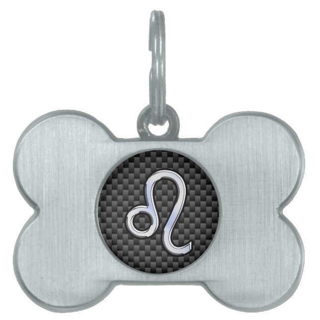 Silver Leo Zodiac Symbol Charcarbon Carbon Fiber Namnbricka Husdjur (Framsidan)