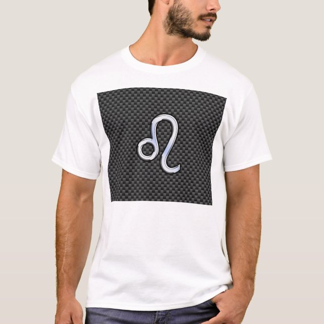 Silver Leo Zodiac Symbol Charcarbon Carbon Fiber T Shirt (Framsida)