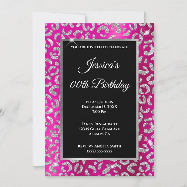 Silver Leopard Glitter Shock rosa Foil Birthday Inbjudningar (Framsida)