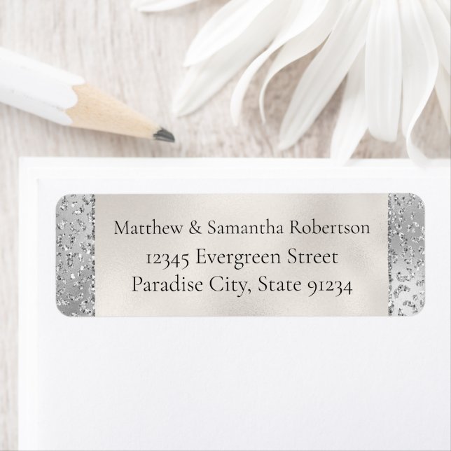 Silver Leopard Skriv ut Luxe Glitter Returadress Etikett (Insitu)