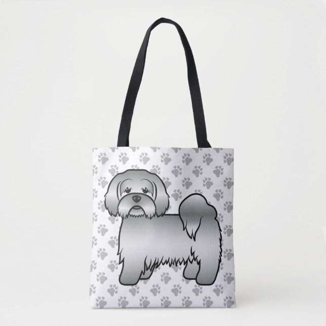 Silver Lhasa Apso Söt Tecknad Hund & Tassar Tygkasse (Framsida)