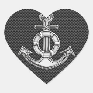Silver Lifesaver Anchor on Black Carbon Fiber Hjärtformat Klistermärke