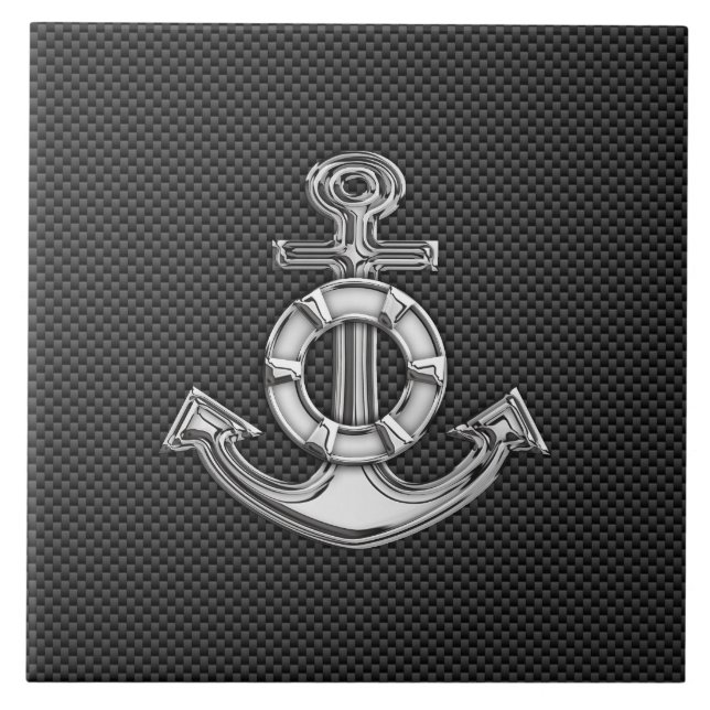Silver Lifesaver Anchor on Black Carbon Fiber Kakelplatta (Framsidan)