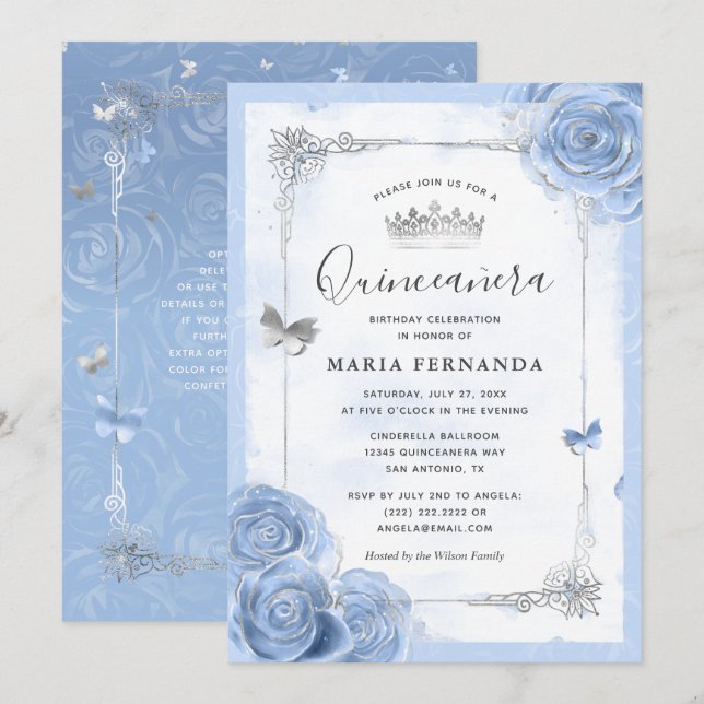 Silver Light Baby blue Ro Elegant Quinceanera Inbjudningar (Fram/baksida)