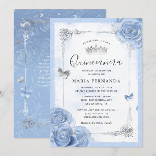 Silver Light Baby blue Ro Elegant Quinceanera Inbjudningar