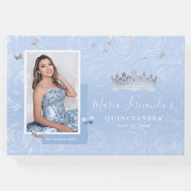 Silver Light Baby blue Ro Photo Quinceanera Gästböcker (Framsida)