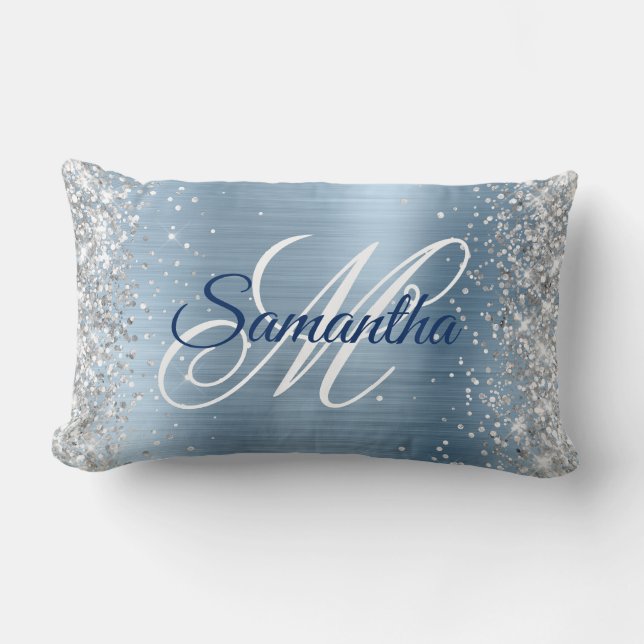 Silver Light Blue Foil Finare Monogram Lumbarkudde (Framsida)