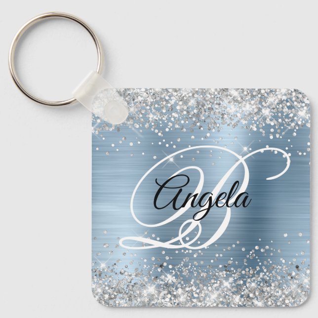 Silver Light Blue Foil Finare Monogram Nyckelring (Framsida)