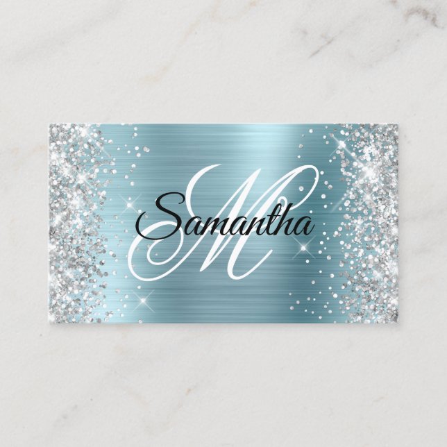 Silver Light Blue Foil Finare Monogram Visitkort (Framsida)