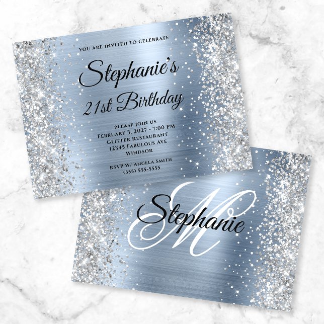 Silver Light Blue Monogram 21:a födelsedagen Inbjudningar (Skapare uppladdad)