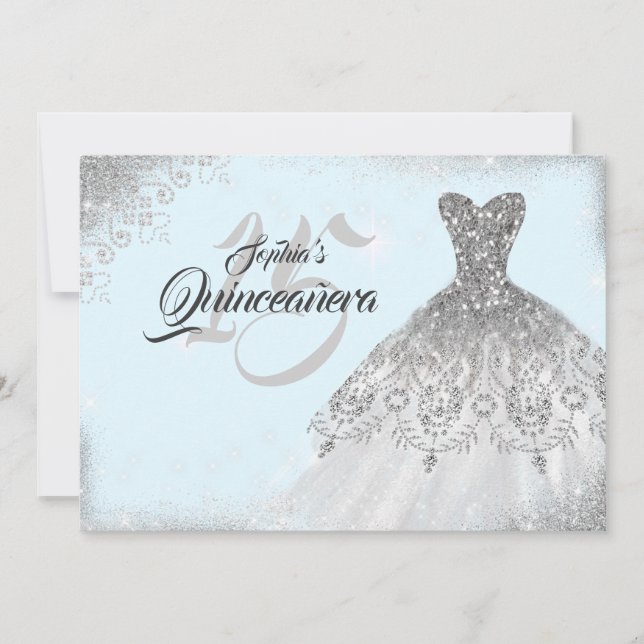 Silver Light Blue Snöre Diamond Gown Quinceanera Inbjudningar (Framsida)