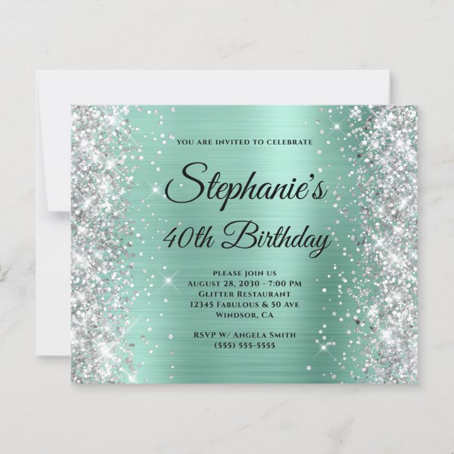 Silver Light Teal Glam Monogram 40-årsfirande (Framsida)