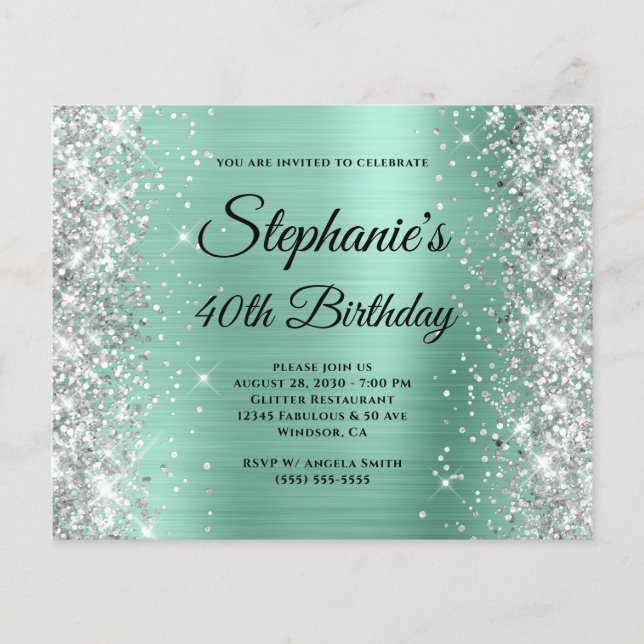 Silver Light Teal Glam Monogram 40-årsfirande Flygblad (Framsidan)