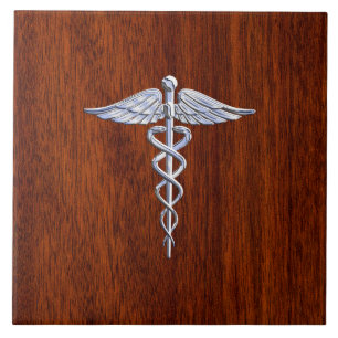 Silver Liksom Caduceus Medical Symbol Mahogany Skr Kakelplatta